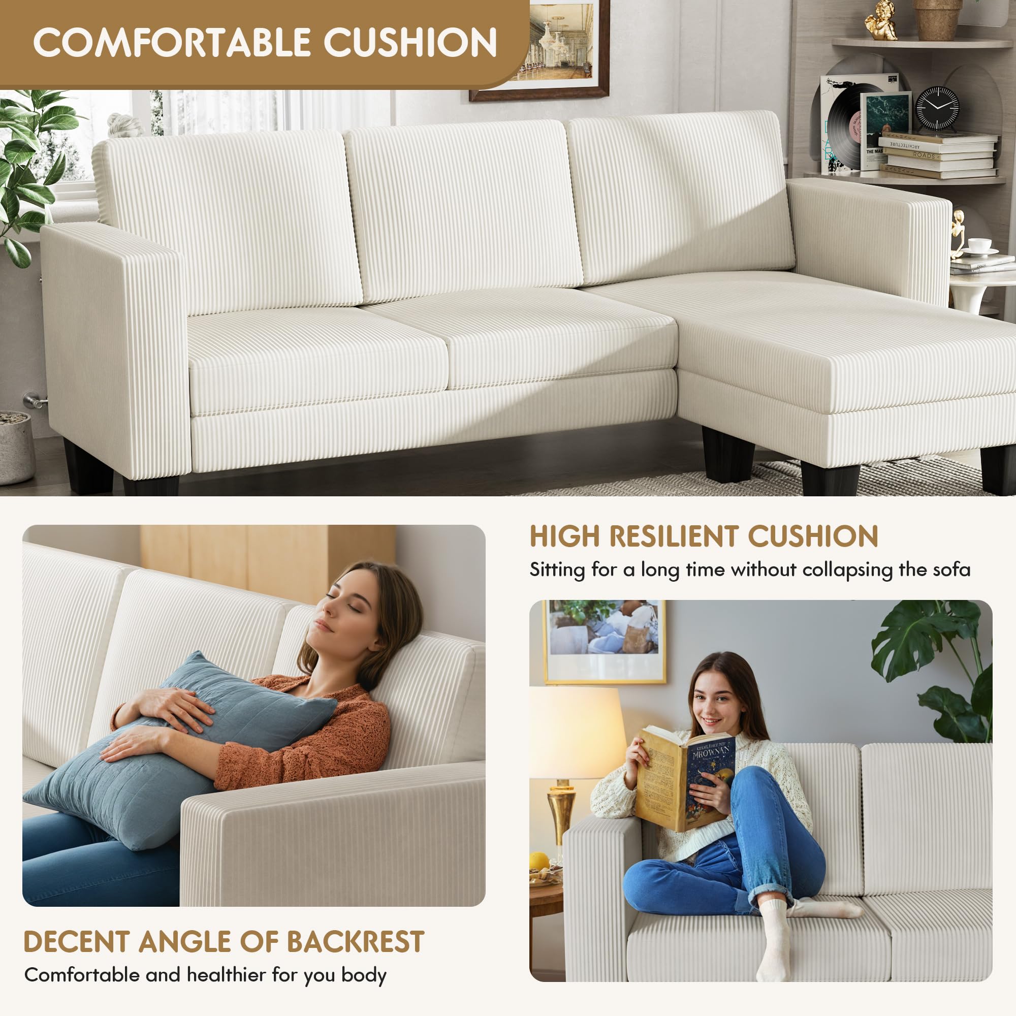 YESHOMY L-Shaped Convertible Sectional Sofa 3 Seater with Corduroy Fabric, Complete with Mobile Footrest, for Living Room, Apartment and Office, 70", Beige