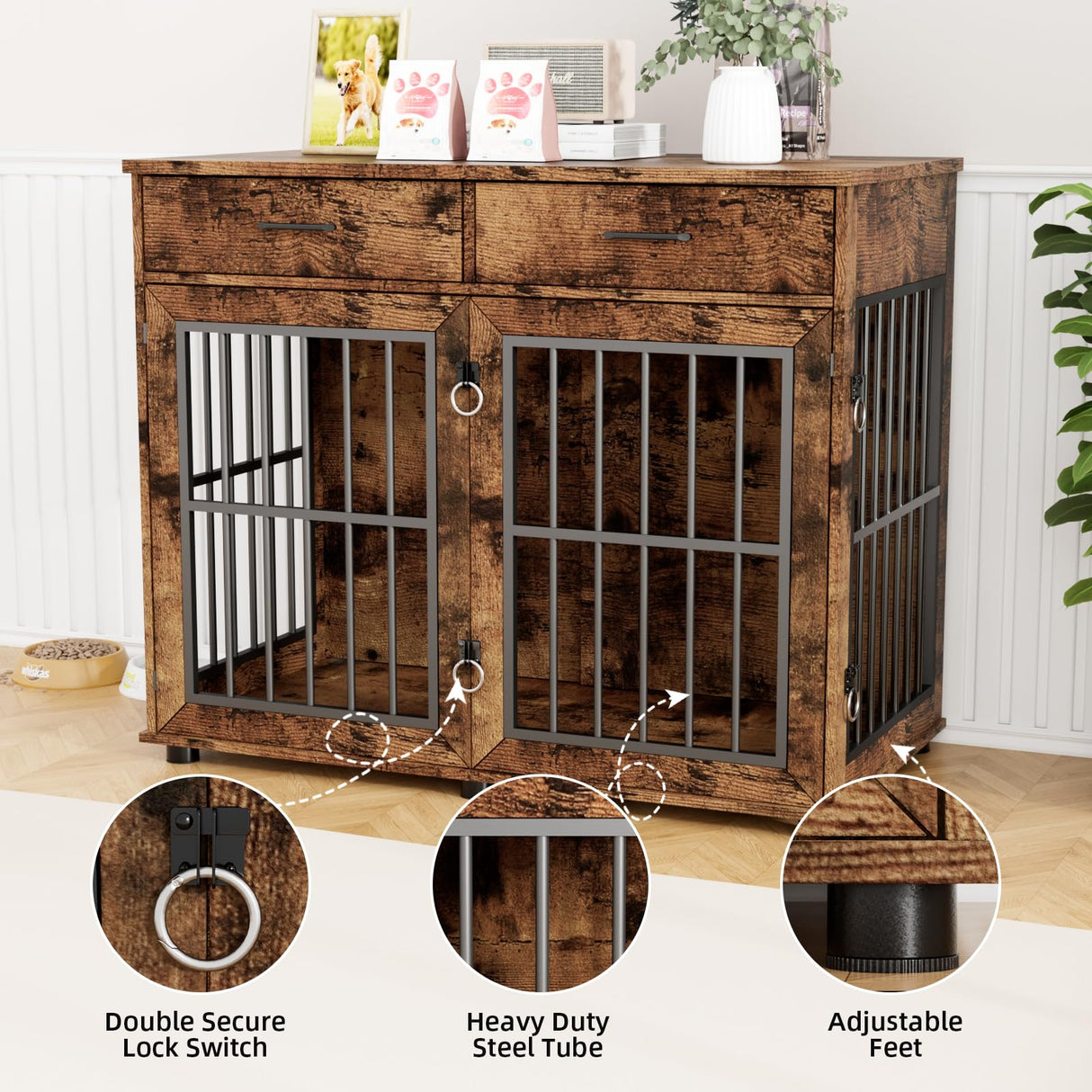 43.3" Large Wooden Dog Crate Furniture with Storage Drawers