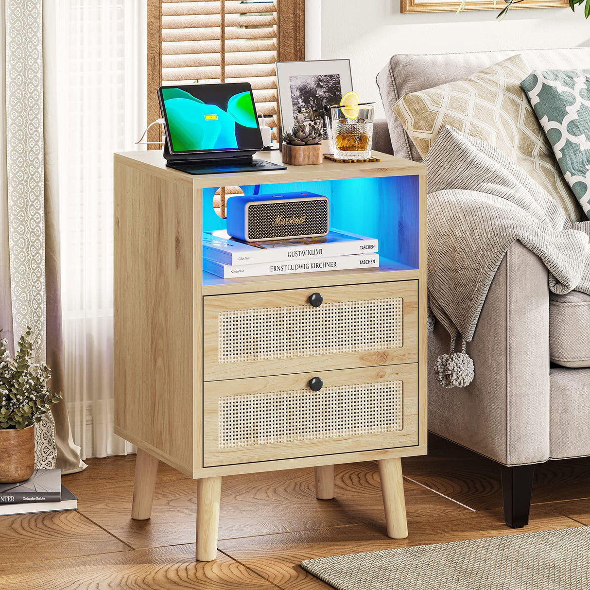 Rattan Nightstands Set of 2 with LED Lights, Night Stand with Charging Station and Storage