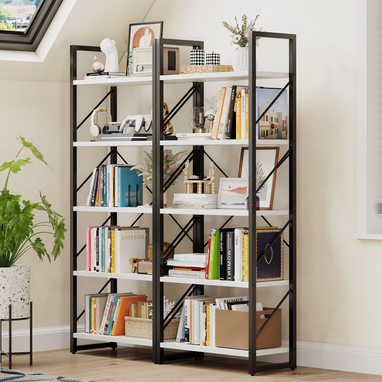 5 Tier Bookshelf, White Bookcase Storage Shelves Organizer