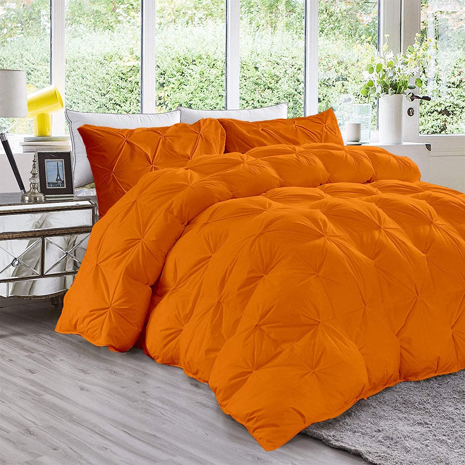 Goose Down Orange Pinch Pleated Comforter Set California King 3 Piece Quiled Comforter 2 Pillow Cases Cotton
