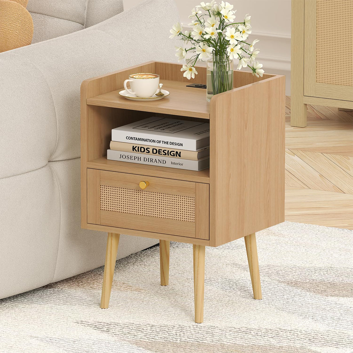 Night Stand Set of 2, Bedside Tables with Charging Station