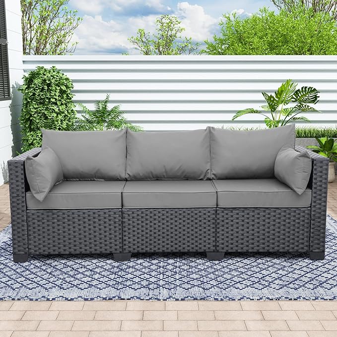 3-Seat Outdoor Rattan Sofa Patio Couch Black PE Wicker Loveseat Seating Furniture