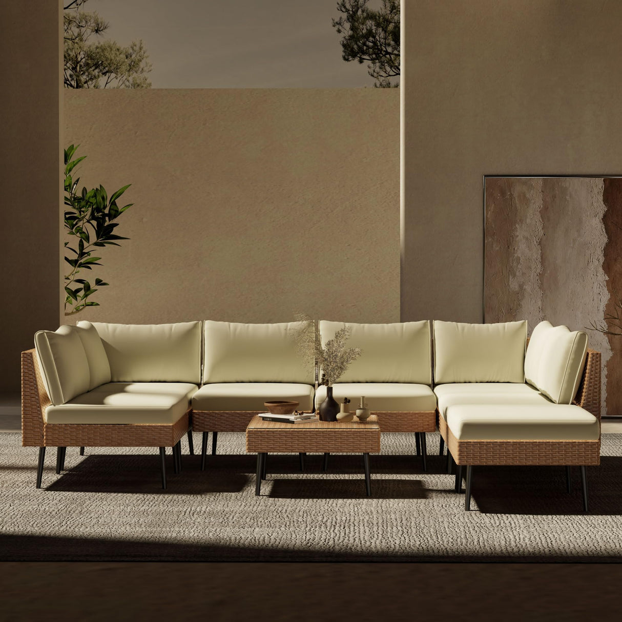 Outdoor Patio Sectional Furniture Set, 8 Piece Wicker Conversation Patio Furniture