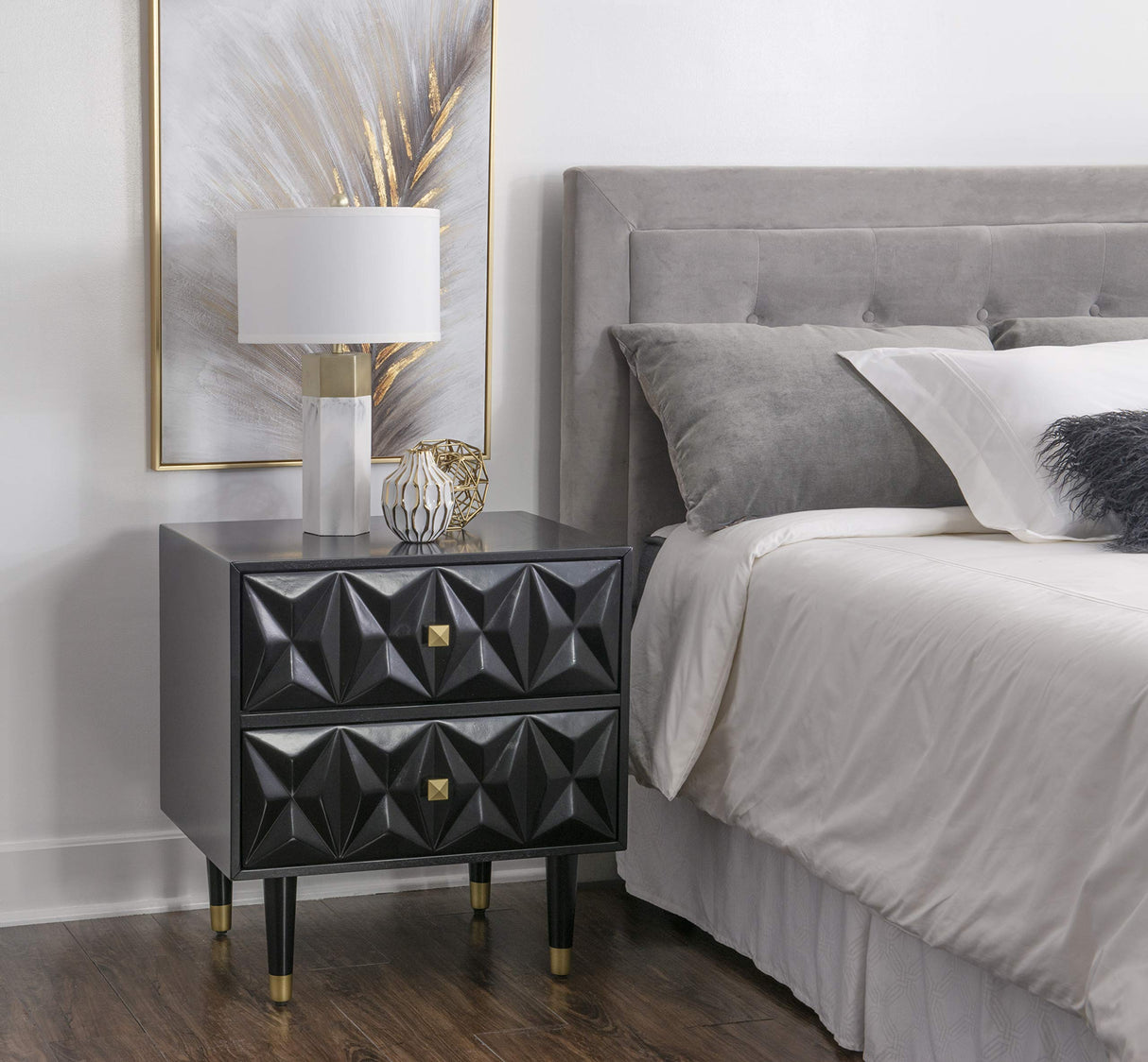 Two Drawer Geo Texture Sheerah Chest, Black Nightstand