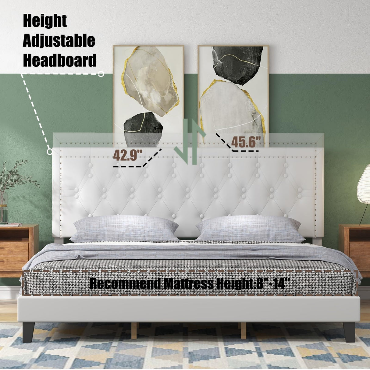 Full Size Bed Frame with Tufted Faux Leather Headboard