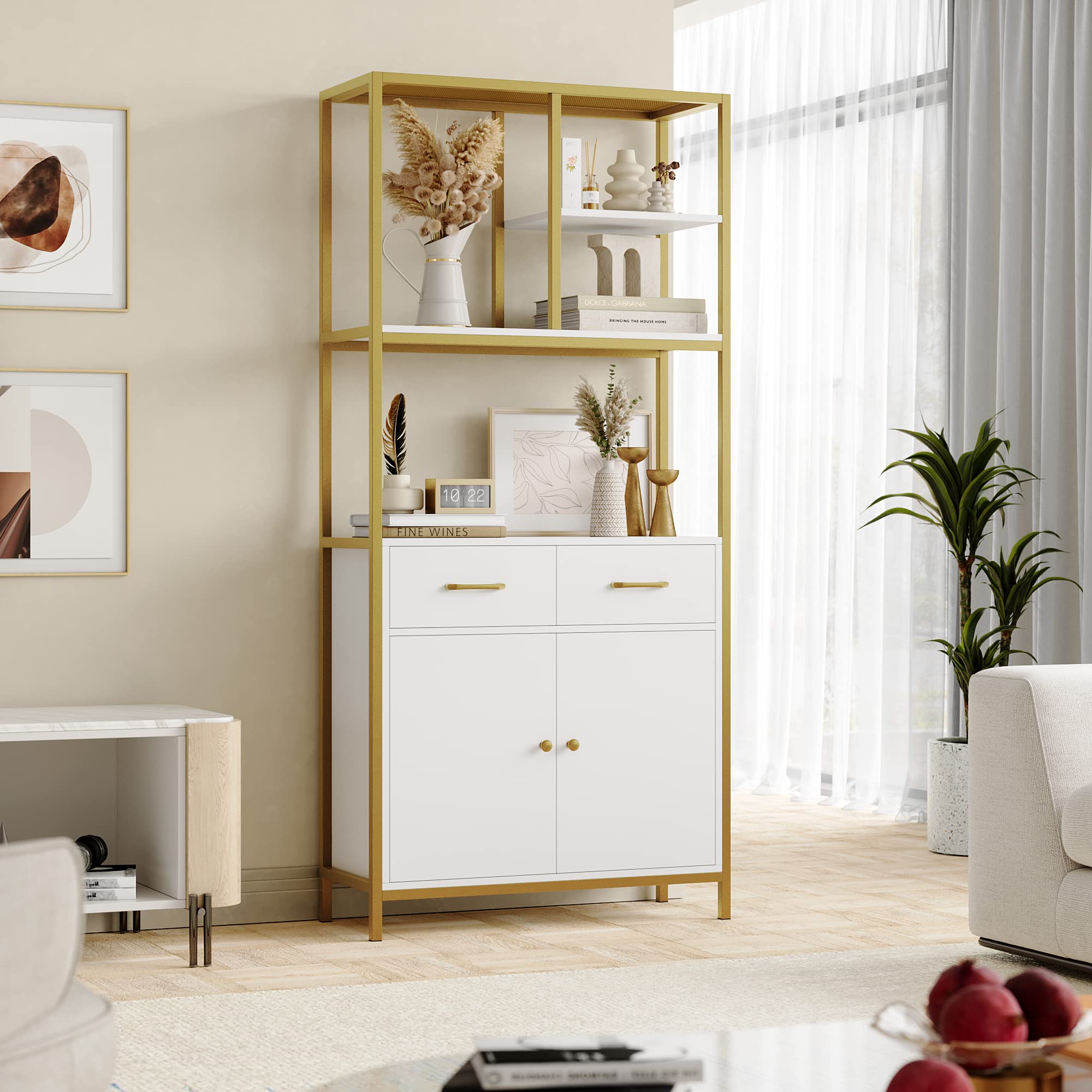all Bookshelf, Modern White and Gold Bookcase, Book Shelves with Drawers and Storage Cabinet, Metal Etagere Bookcase Display Shelves for Home Office, Gold/White