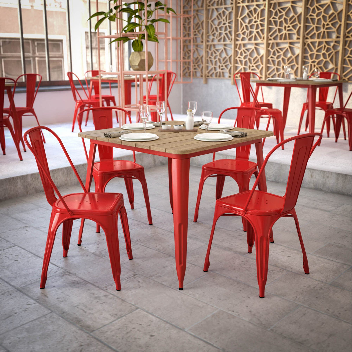 Declan Commercial Outdoor Dining Table with Umbrella Hole, All Weather Poly Resin Top