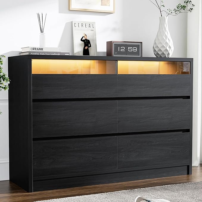 White Modern 6 Drawer Dresser for Bedroom with LED Light