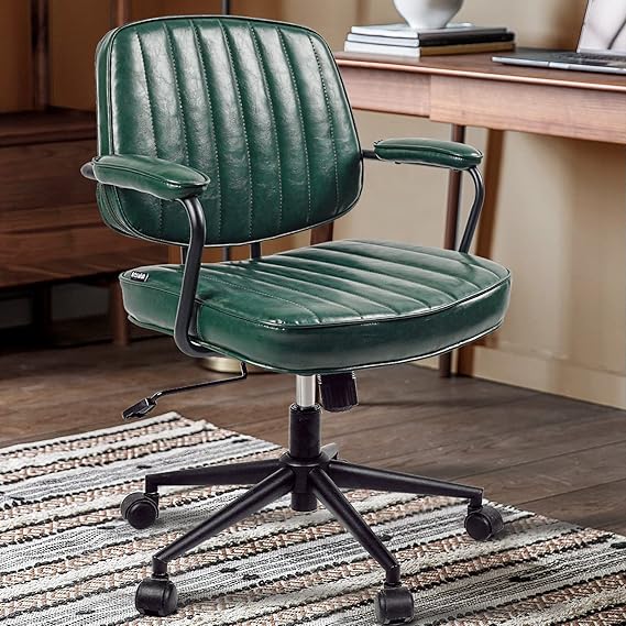 Mid-Century Leather Office Chair with Wheels & Adjustable Height