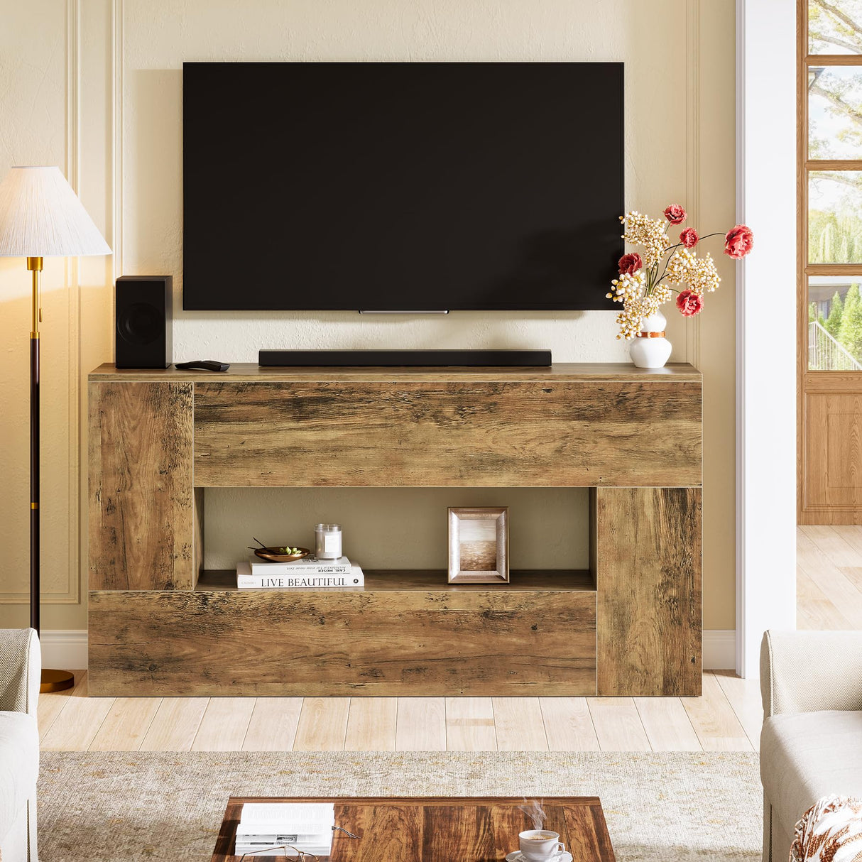 63-Inch Farmhouse Console Table, Wooden Entryway Sofa Table Behind The Couch