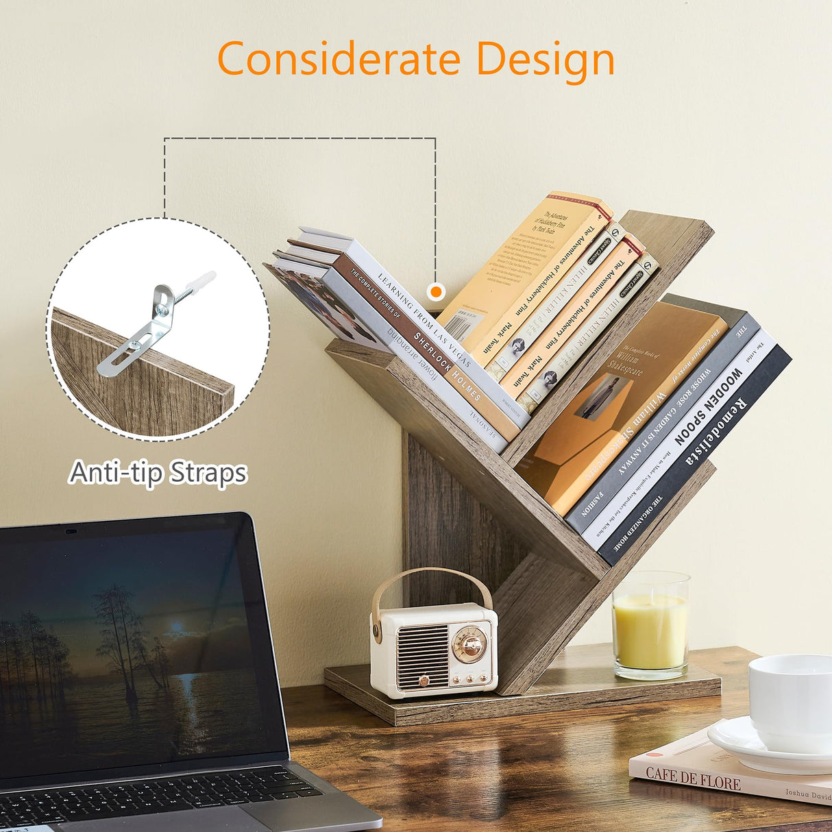 Tajsoon 3 Tier Tree Bookshelf, Small Bookshelf, Desktop Bookshelf Floor Standing Bookcase Display for CDs/Magazine/Books, Book Organizer Shelves for Bedroom, Living Room, Office, Greige