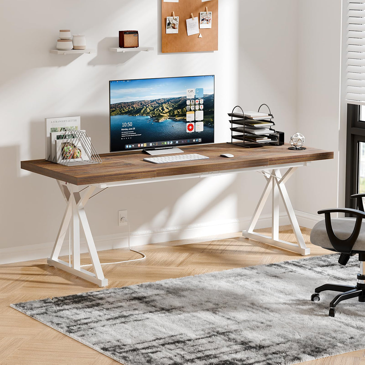 BEVAURORA 70.8-Inch Executive Desk with Power Outlet, Large Office Desk, Long Home Office Table, Big Writing Computer Tbale, Modern Work from Home Desk Office Furniture for Laptop, White