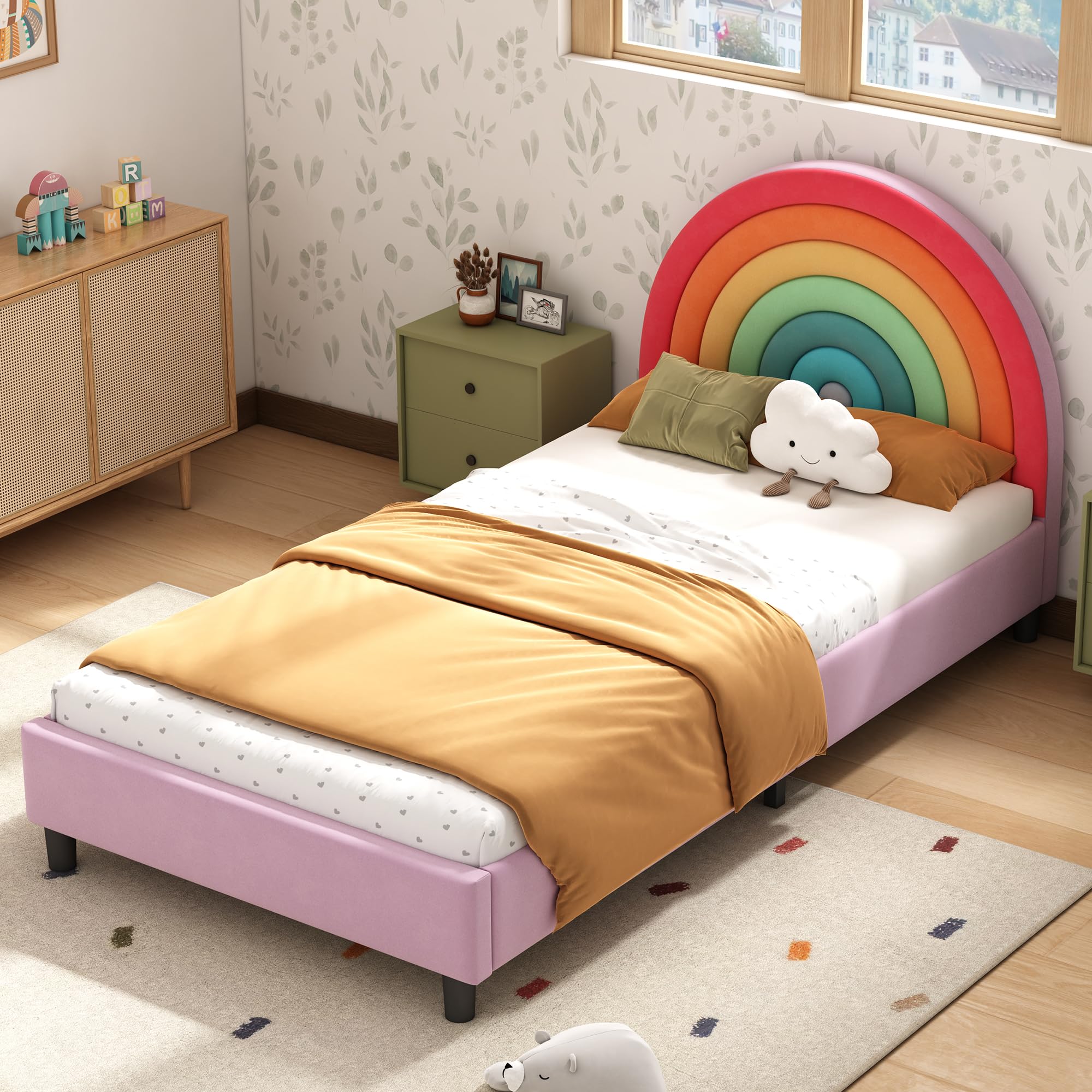Rainbow Twin Size Bed Frame for Girls,Princess Twin Bed with Headboard,Cute Twin Girl Bed,Upholstered Platform Bed for Kids,Colorful & Pink