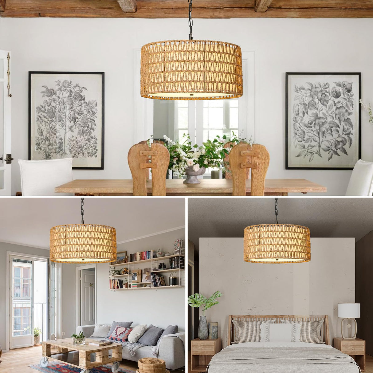 Rattan Farmhouse Chandelier, 5 Lights Boho Large Pendant Light, Hand Woven Chandeliers