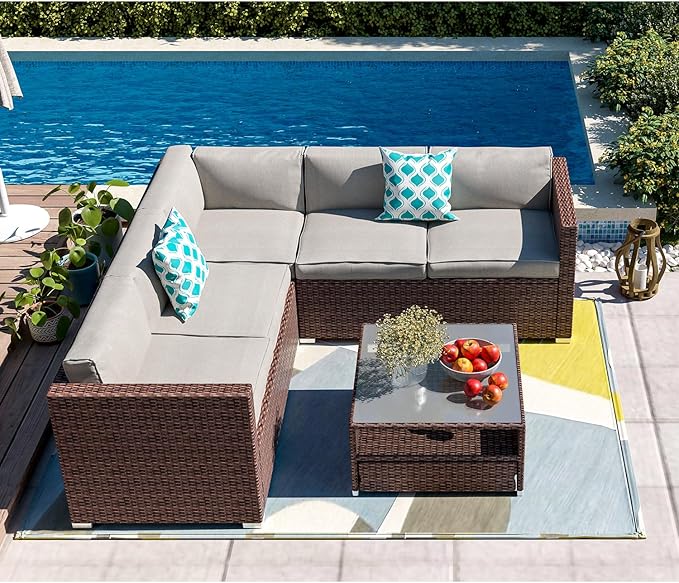 Patio Furniture Sectional Sofa w Fire Pit Table,6 Pieces Outdoor Furniture Set w 32-inch 40