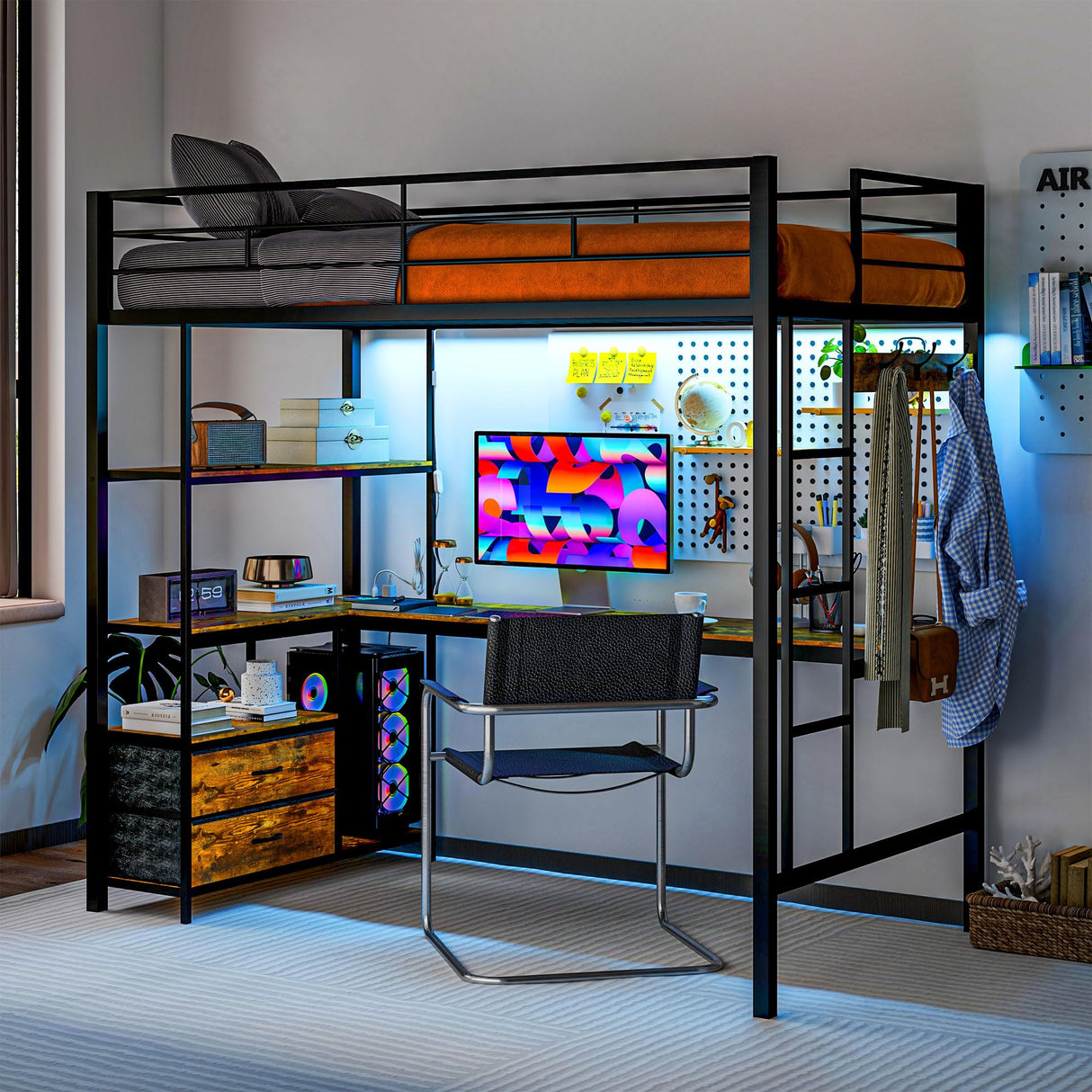 Twin Size with L-Shaped Desk, LED Lights, Charging Station, for Teens Adults, Twin Loft