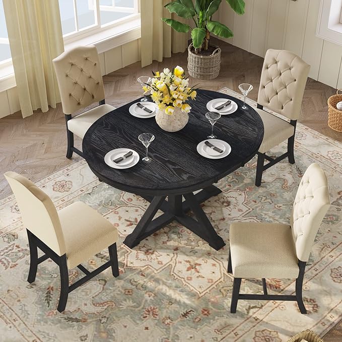 Dining Table Set, Wood Round Dining Table Set with Extendable Table and 4 Upholstered