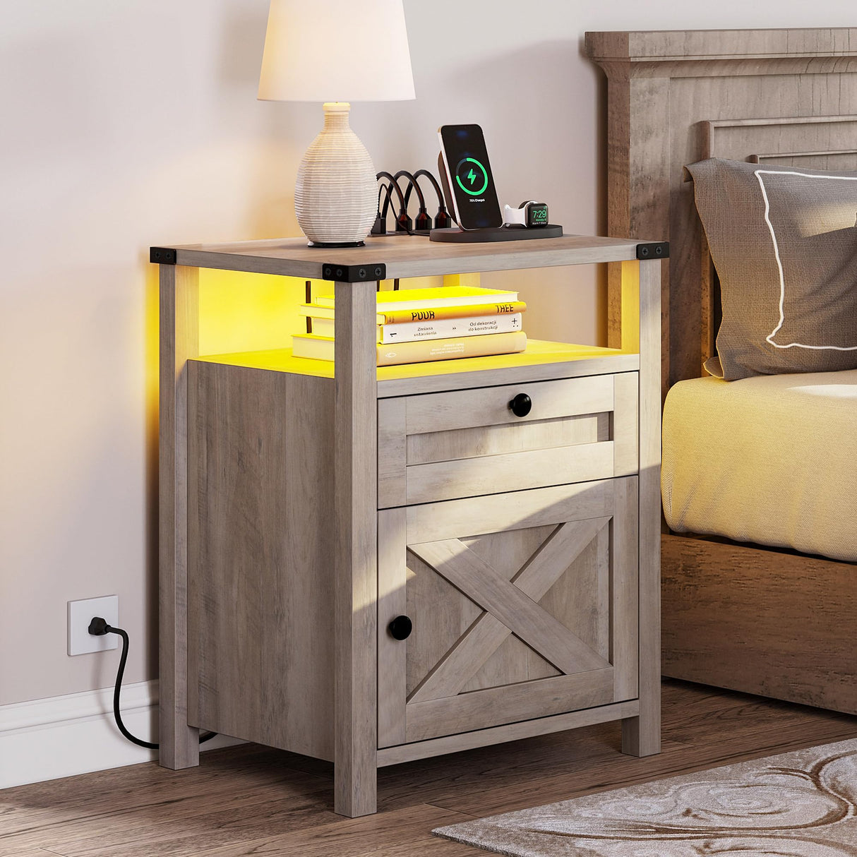 Farmhouse Nightstand with LED Lights & Charging Station, Night Stands with Drawer for Bedroom