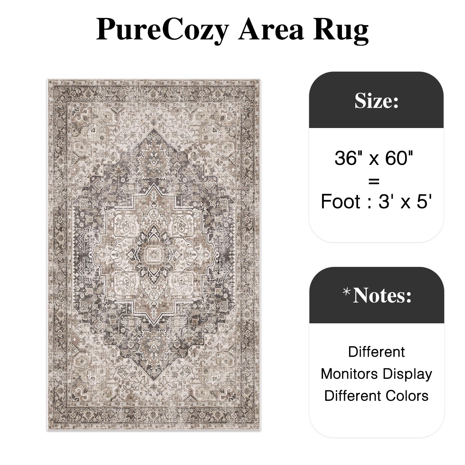 Vintage Area Rug 4x6 Washable Rug Non Slip Kitchen Brown Multi Indoor Living Room