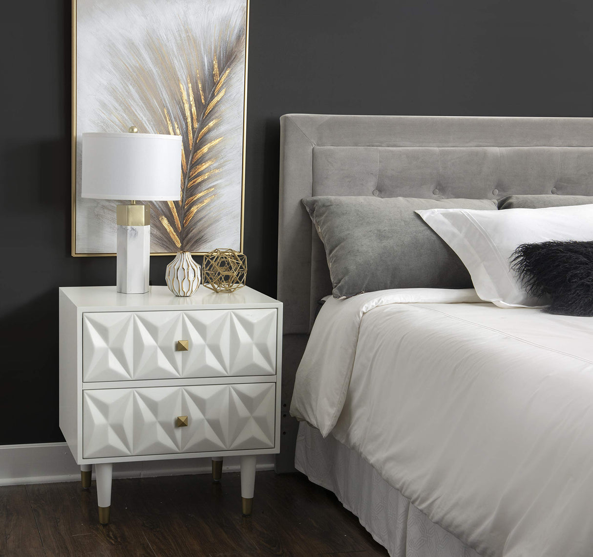Sheerah Two Drawer Geo Texture White Nightstand