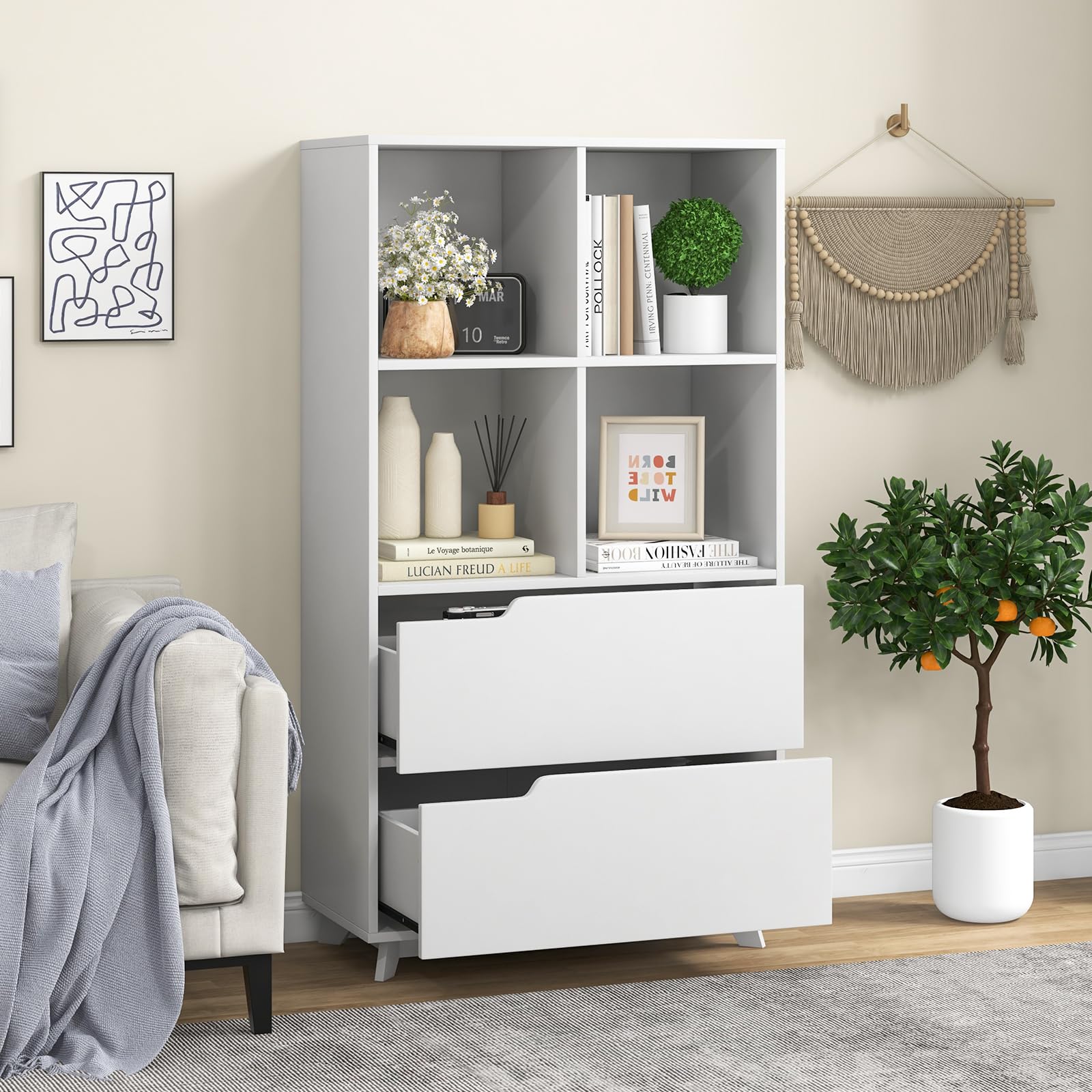 51" Tall Bookcase with 2 Drawers, 4-Tier Open Bookshelf