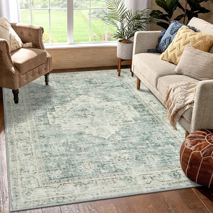 Machine Washable Rug 5x7 Sage Green Rugs for Living Room, Non Slip Vinatge Rug Boho