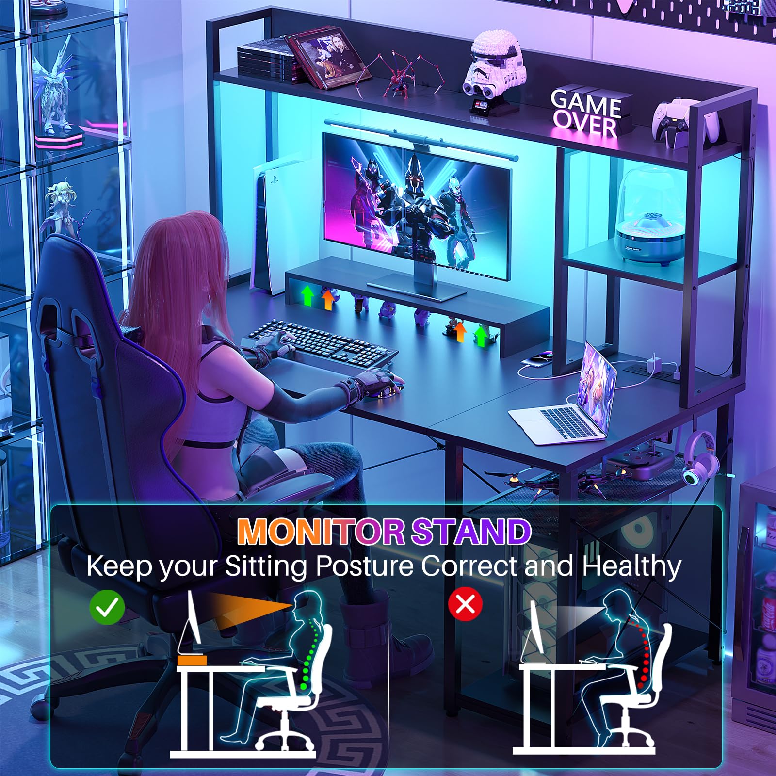 Gaming Desk with Hutch, 47'' Computer Desk with LED Lights & Power Outlets,