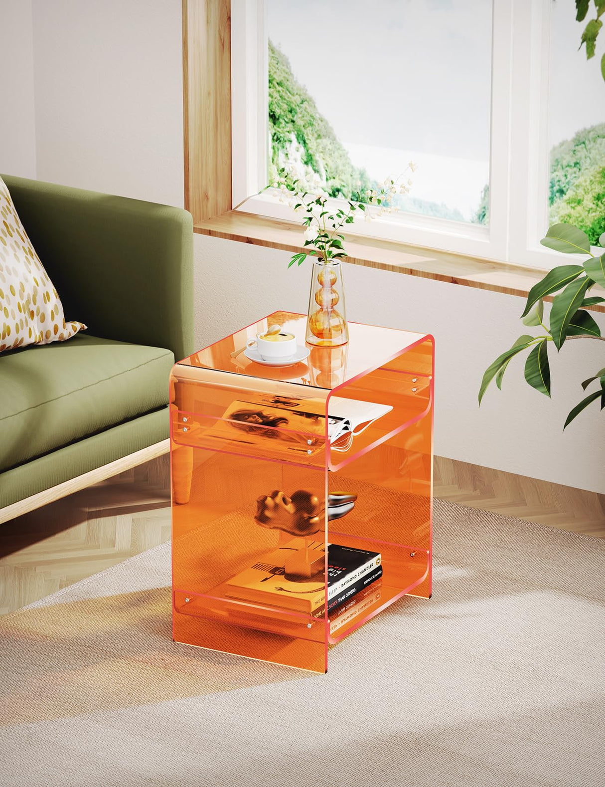 End Table Record Player Table with Storage Shelf Clear Side Table Nightstand, Orange