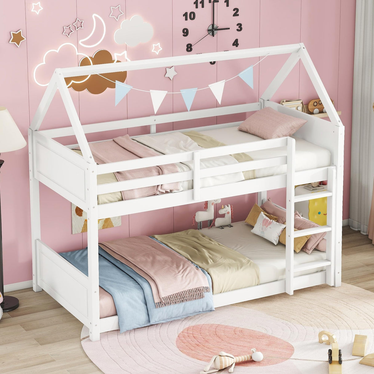 Twin Over Twin House Floor Bunk Bed, Wooden Bunk Bed with Headboards, Footboards, Guardrails and Ladder, Space-Saving Design, Safety Guaranteed, White