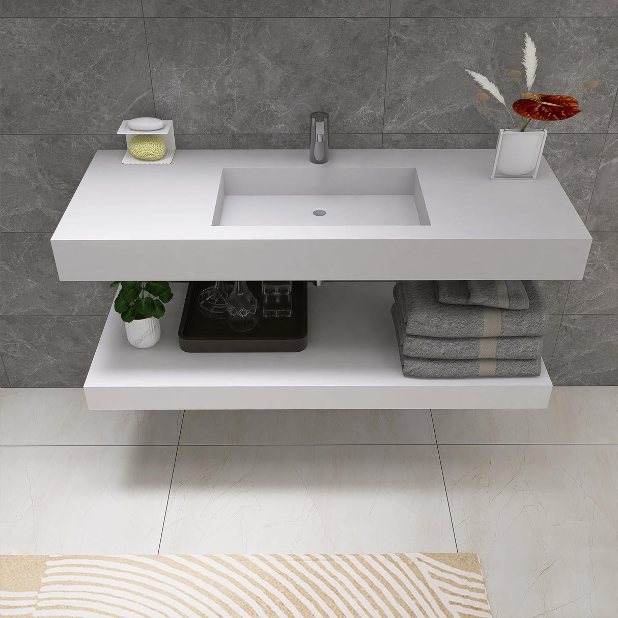 47 inch Wall Mount Floating Vanity with Sink Bathroom Vessel Sink Rectangle Modern