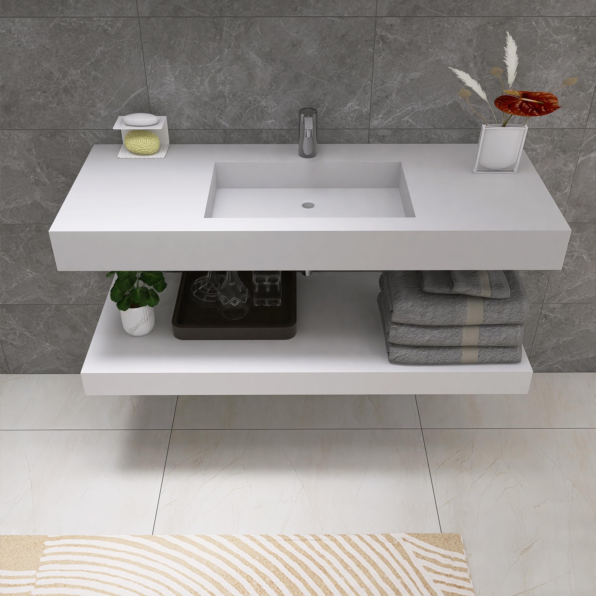 47 inch Wall Mount Floating Vanity with Sink Bathroom Vessel Sink Rectangle Modern