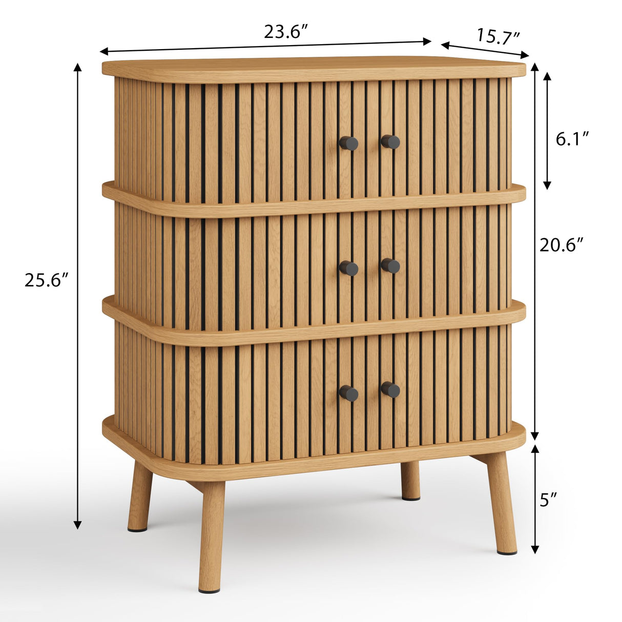 Fluted 3 Drawers Nightstand with Sliding Door, Boho 3 Drawer Dressers