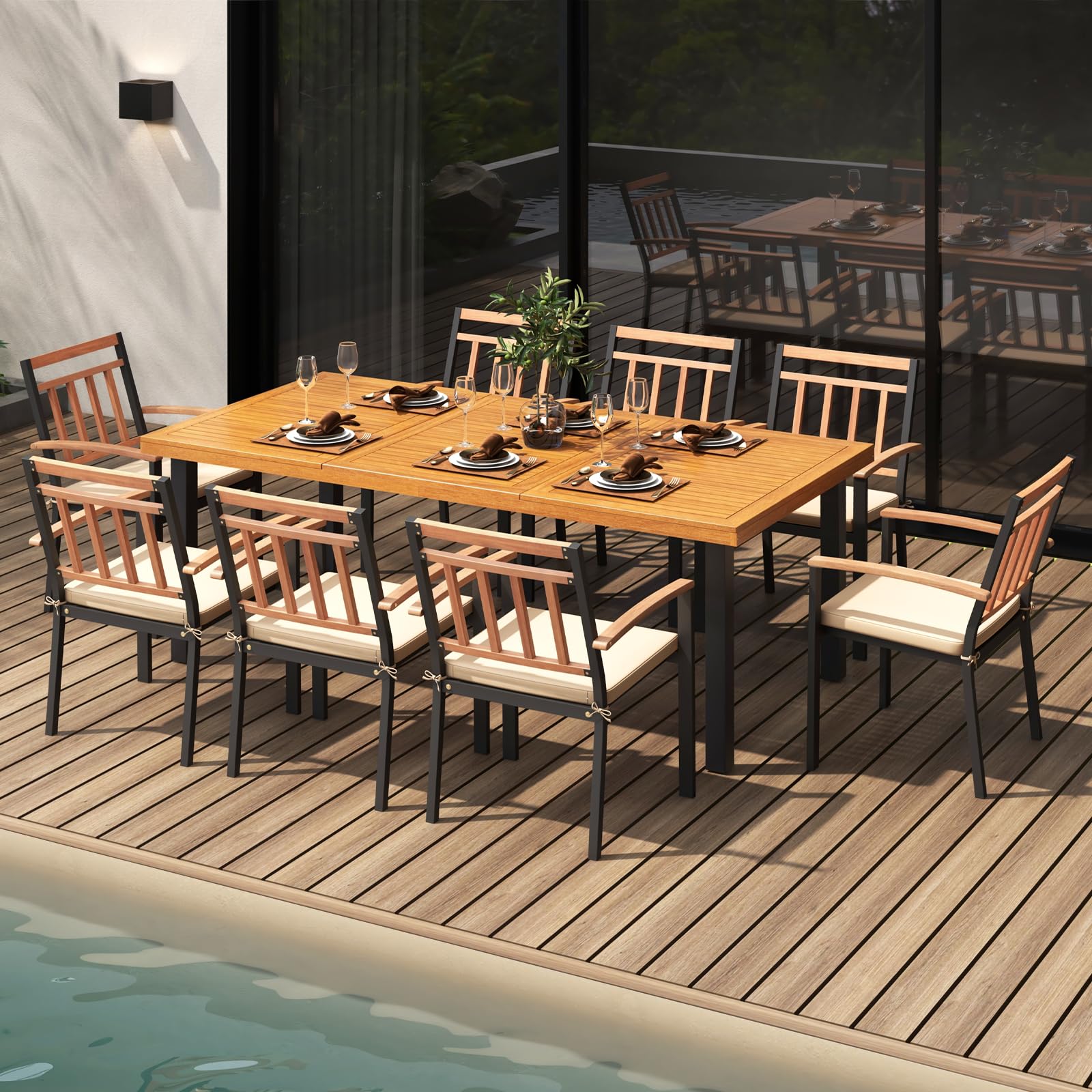 9 Pieces Patio Dining Set, Outdoor Acacia Wood Table and Chairs