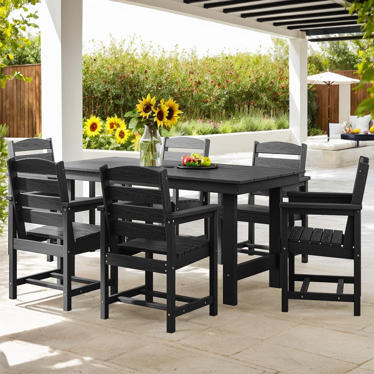 7 Piece HDPE Patio Furniture Set for 6, Dining Table and Chairs, Outdoor Table