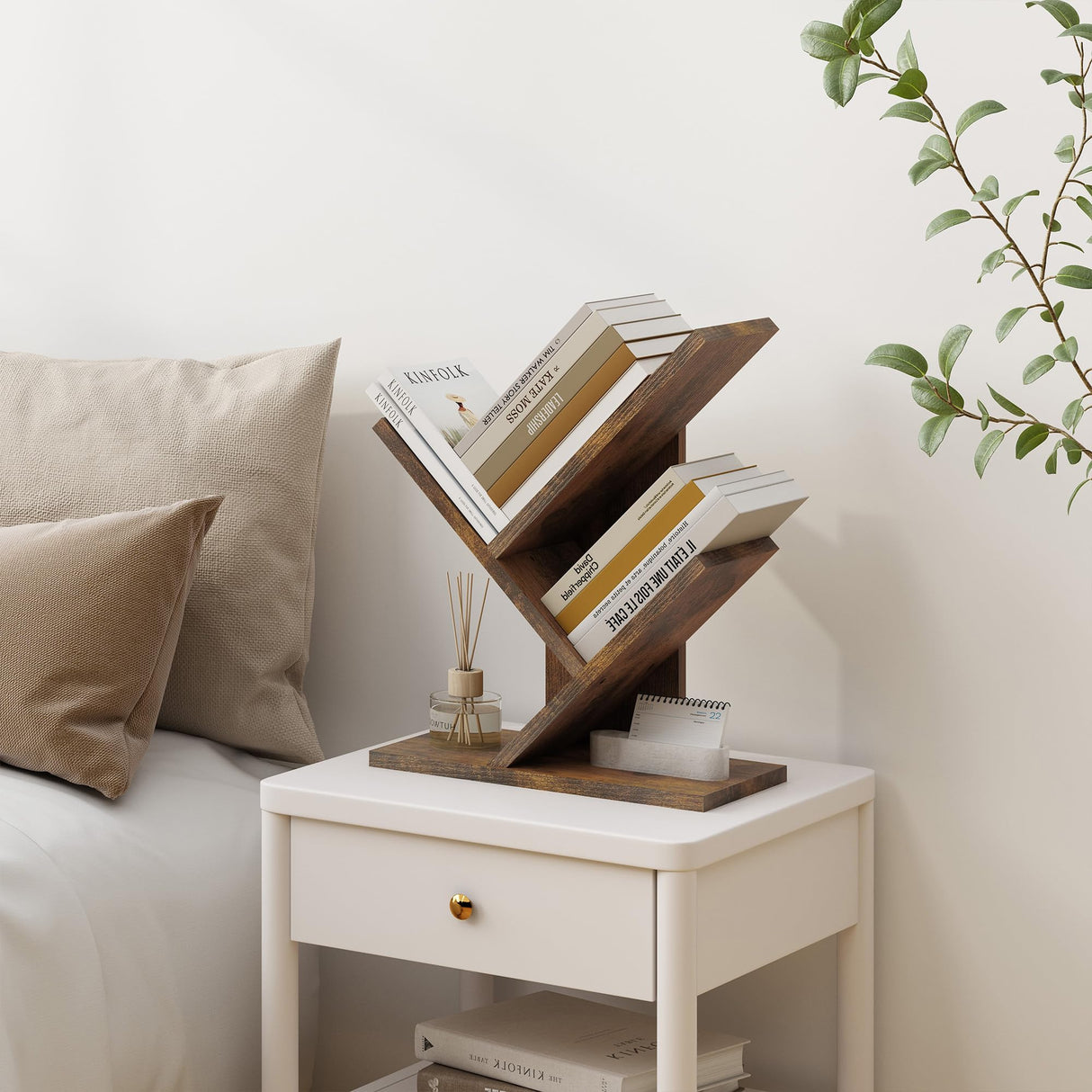 Tajsoon Tree Bookshelf 3 Tier Book Storage Organizer Shelves, Desktop Bookshelf Floor Standing Bookcase Display for CDs/Magazine/Books, Small Bookshelf for Bedroom, Living Room Office, Rustic Brown