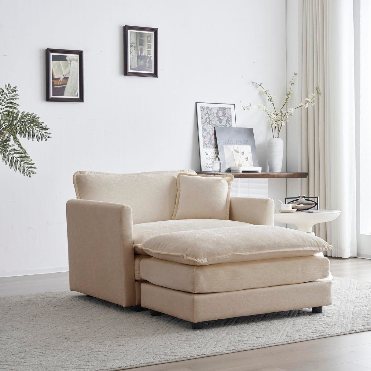 Comfy Chenille Upholstered Accent Chair with Movable Ottoman