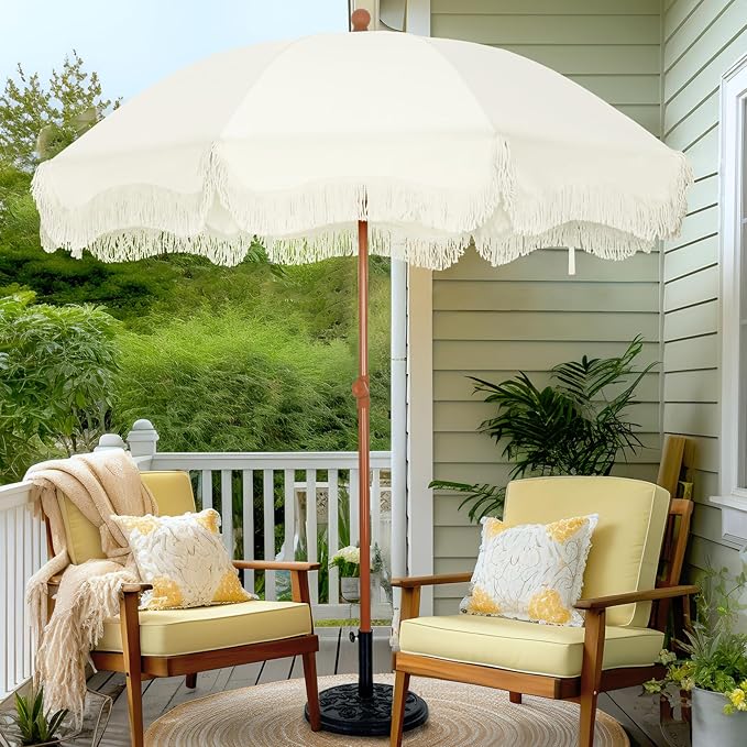 7ft Beach Umbrella with Fringe & Sand Anchor, Outdoor Patio Heavy Duty Windproof Portable