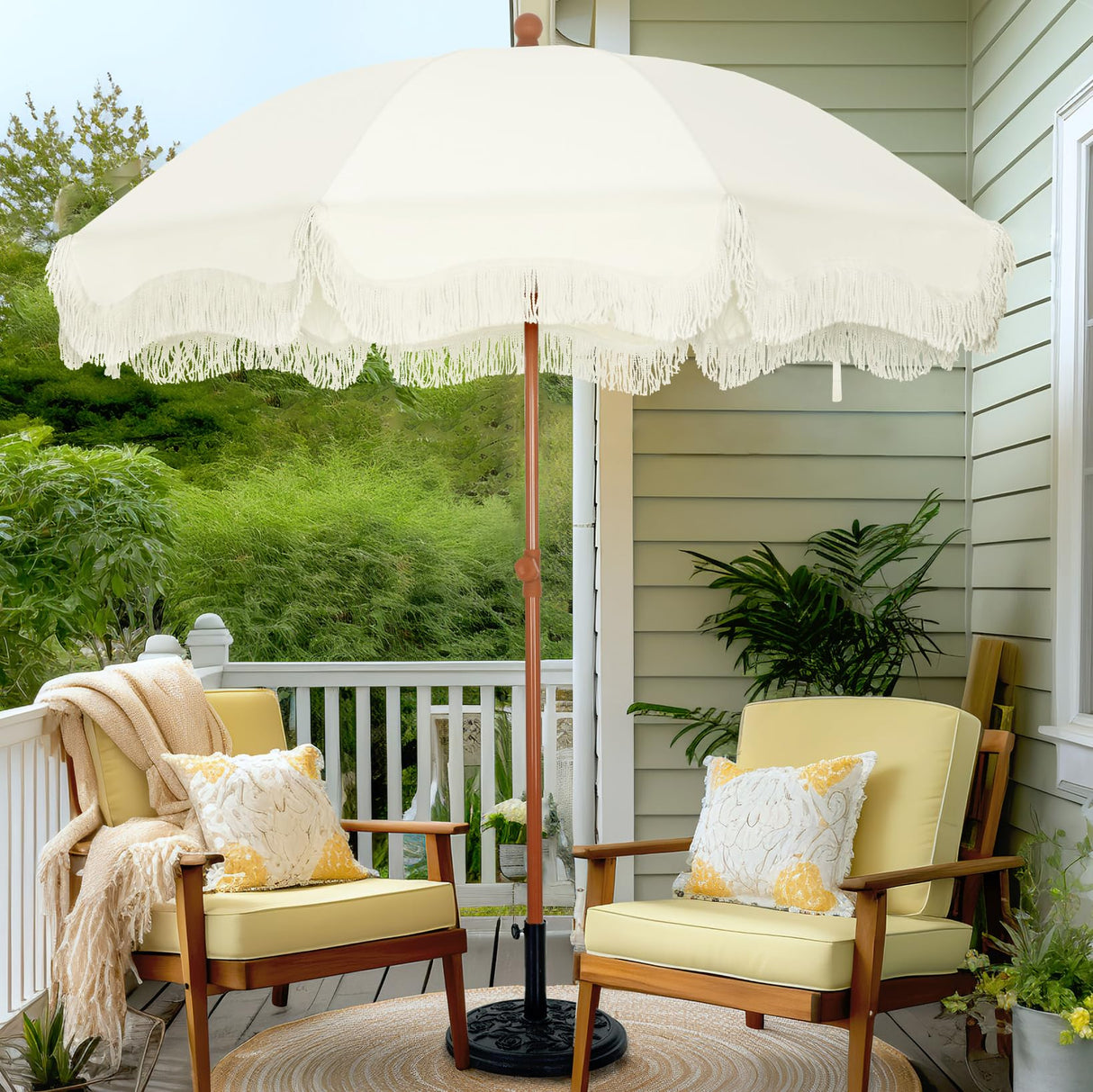 7ft Beach Umbrella with Fringe & Sand Anchor, Outdoor Patio Heavy Duty Windproof Portable