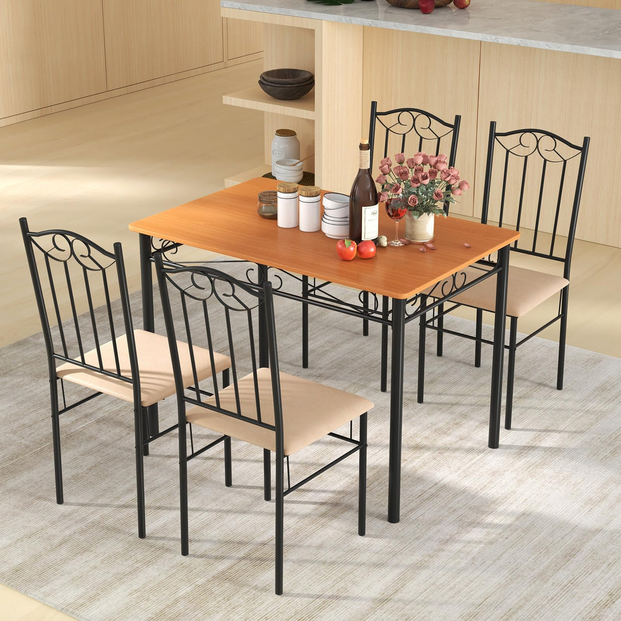 Dining Table Set for 4, Dining Room Table Set with Metal Frame & Padded Seat