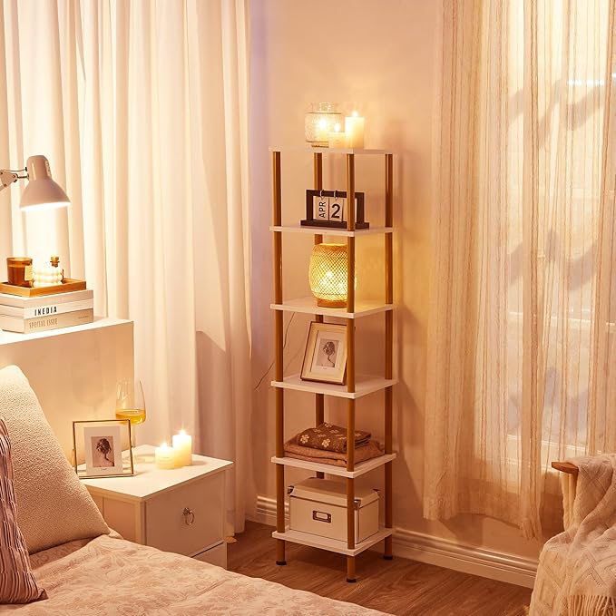 6-Tier Corner Shelf, Corner Square Rack Display Shelf, Tall Storage Rack Plant Stand, Corner Bookcase for Small Spaces, Living Room, Home Office, Kitchen, Rustic Brown and Black BF55CJ01