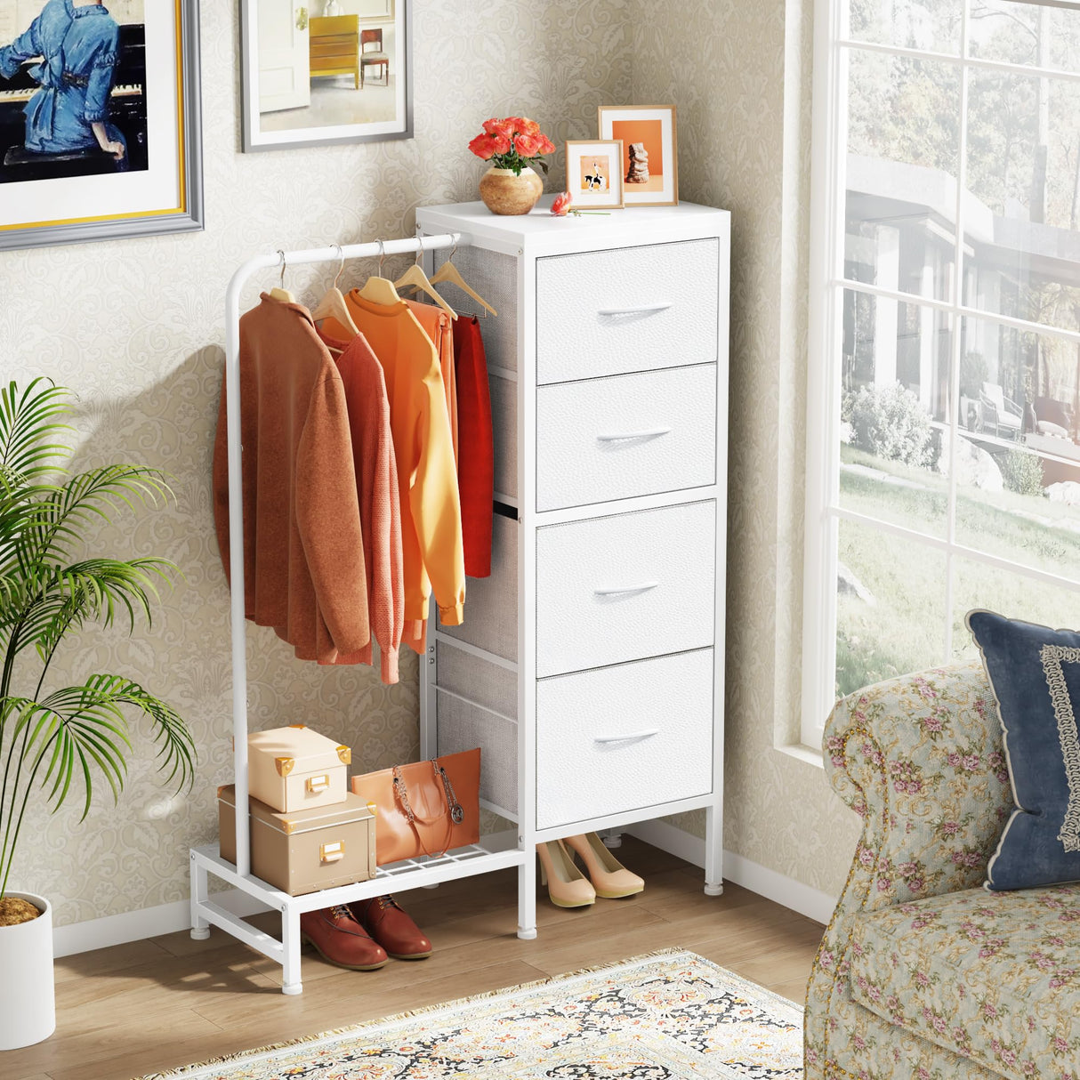 Hanging Rack, 4 Drawers Small Dresser for Bedroom, Reversable Fabric Kids Dresser