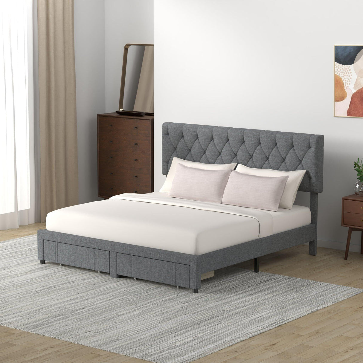 Full Size Bed Frame with 2 Storage Drawers, Upholstered Platform Bed Frame