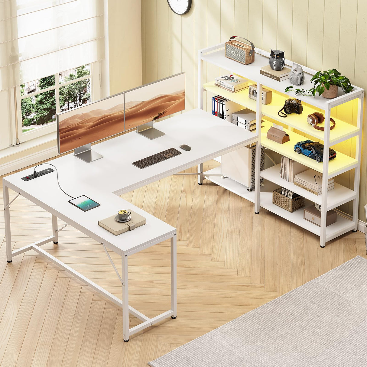 White Corner Desk, 64.5ā Reversible U Shaped Computer Desk with Power Outlet and Bookshelf, Corner Gaming Desk with LED Lights, Storage Shelves for Home Office