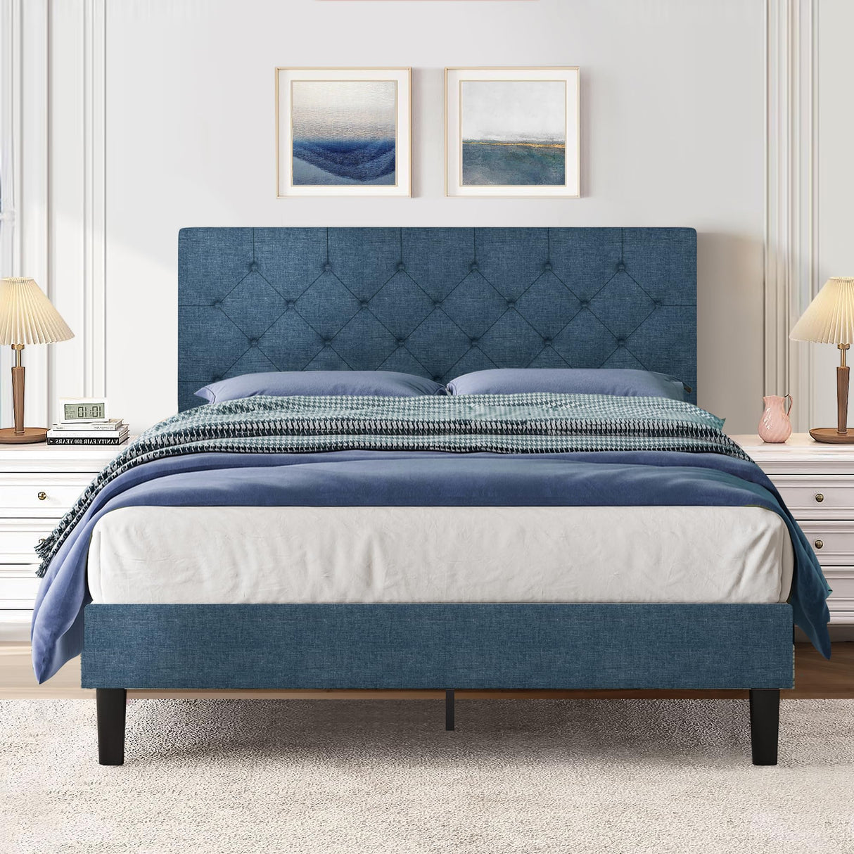 Full Size Bed Frame with Button Tufted Headboard, Upholstered Platform Bed with Wooden Slats Support, No Box Spring Needed, Easy Assembly, Navy Blue