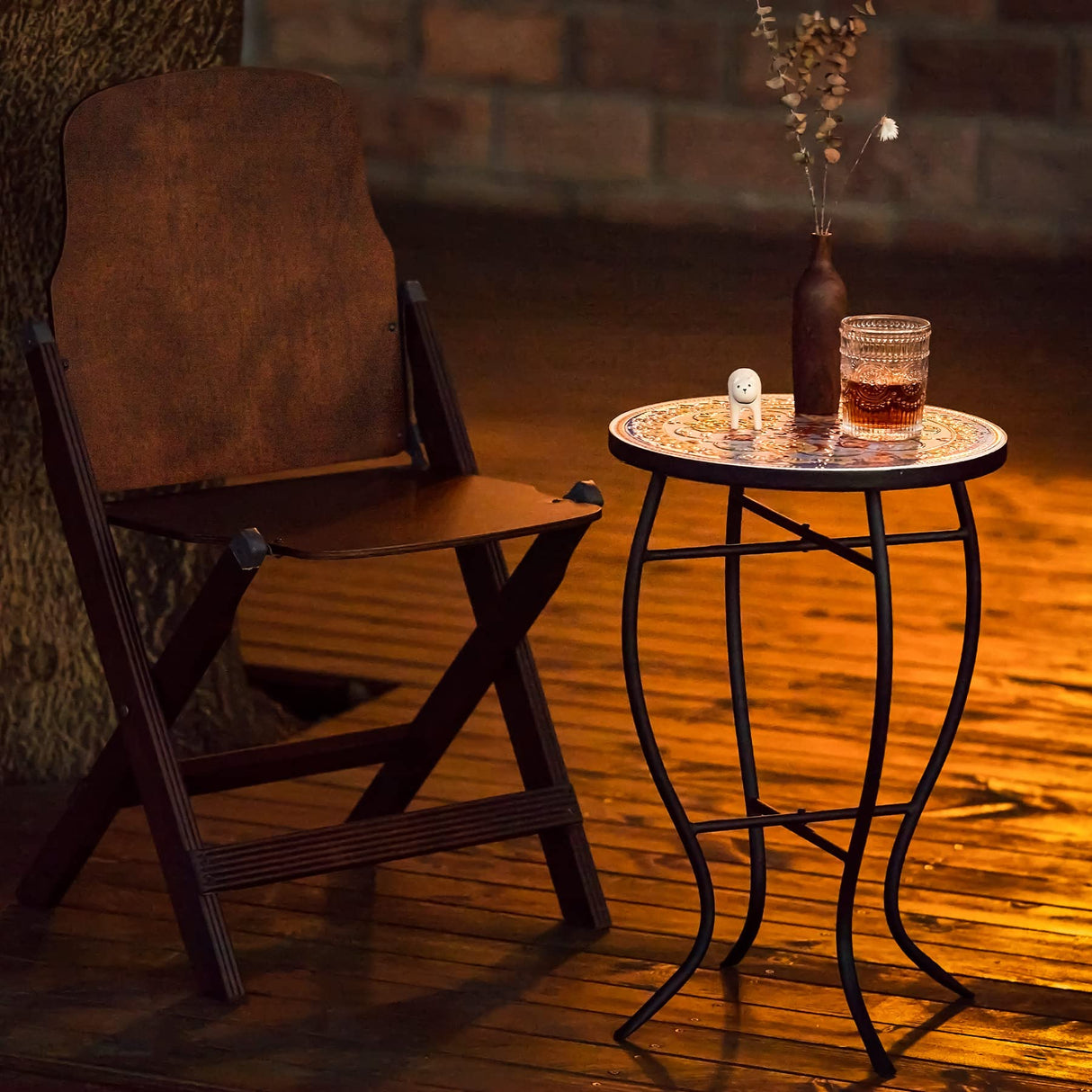 Mosaic Side Table and Plant Stand, 21" Round End Table with 14" Ceramic Tile Top