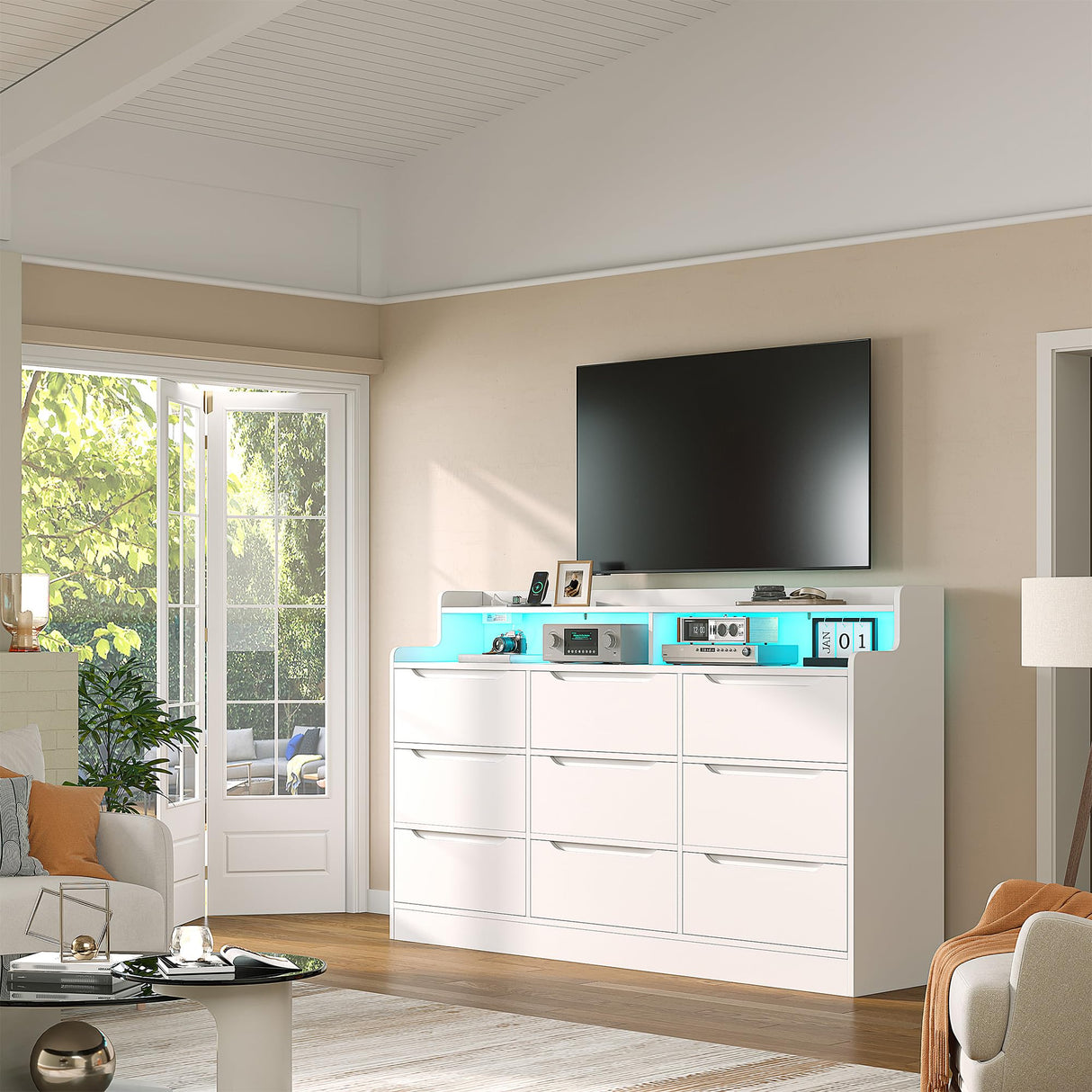 9 Drawers Dresser with LED Light Storage Shelves,White Dresser for Bedroom