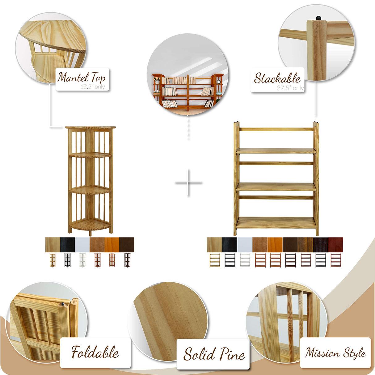 3-Shelf Folding Stackable Bookcase (27.5" Wide)-Natural