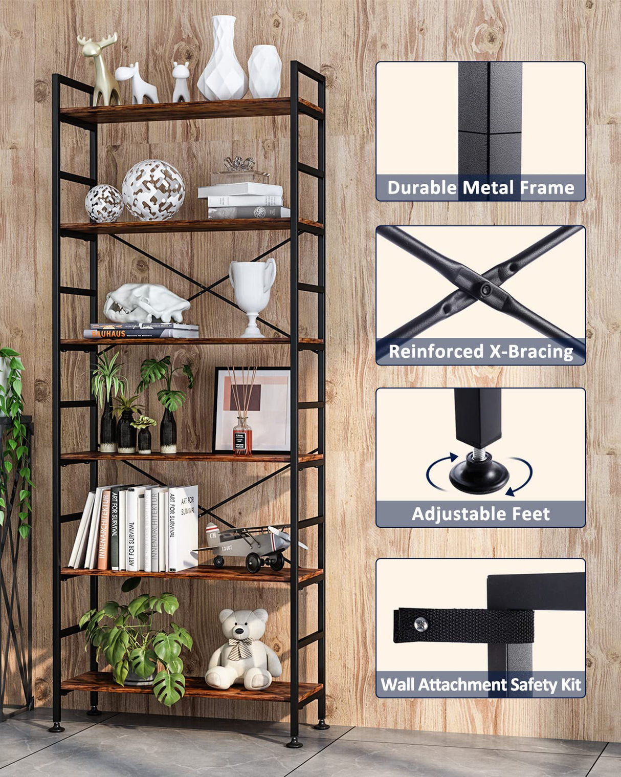 6-Tier Adjustable Tall Bookcase, Rustic Wood and Metal Standing Bookshelf, Industrial Vintage Book Shelf Unit, Open Back Modern Office Bookcases