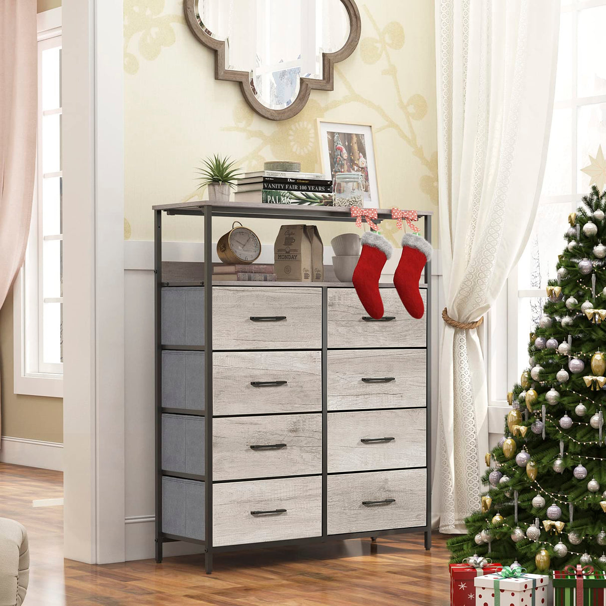 8 Drawers Dresser with Shelves, Fabric Drawers